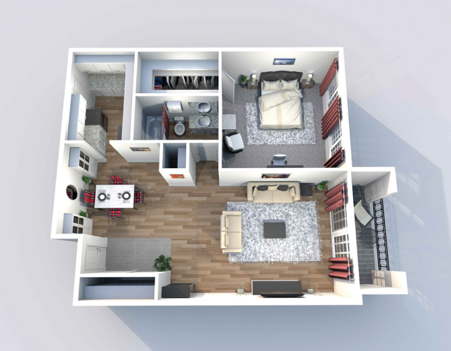 A 2D view of Heritage Lofts' A1 1-bedroom, 1-bathroom floor plan with 850 square feet of space and a private balcony or patio.