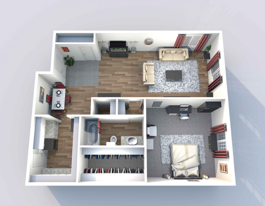 A 2D view of Heritage Lofts' B1 1-bedroom, 1-bathroom floor plan with 950 square feet of space.