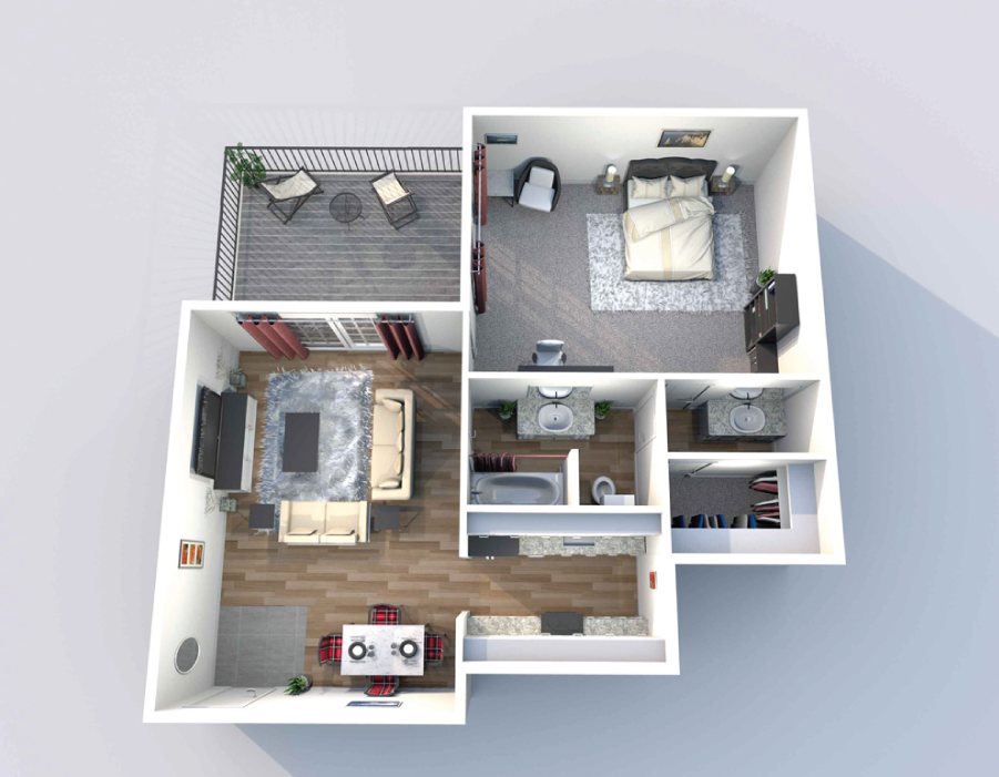 A 2D view of Heritage Lofts' C1 1-bedroom, 1-bathroom floor plan with 1,150 square feet of space and a private balcony or patio.