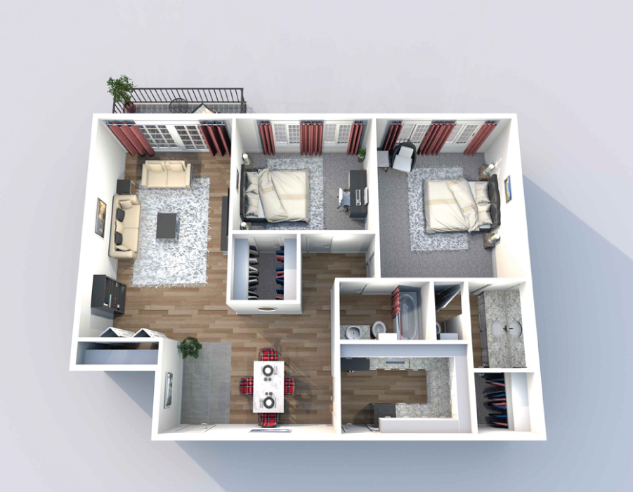 A 2D view of Heritage Lofts' E2 2-bedroom, 1.5-bathroom floor plan with 1,250 square feet of space and a private balcony or patio.