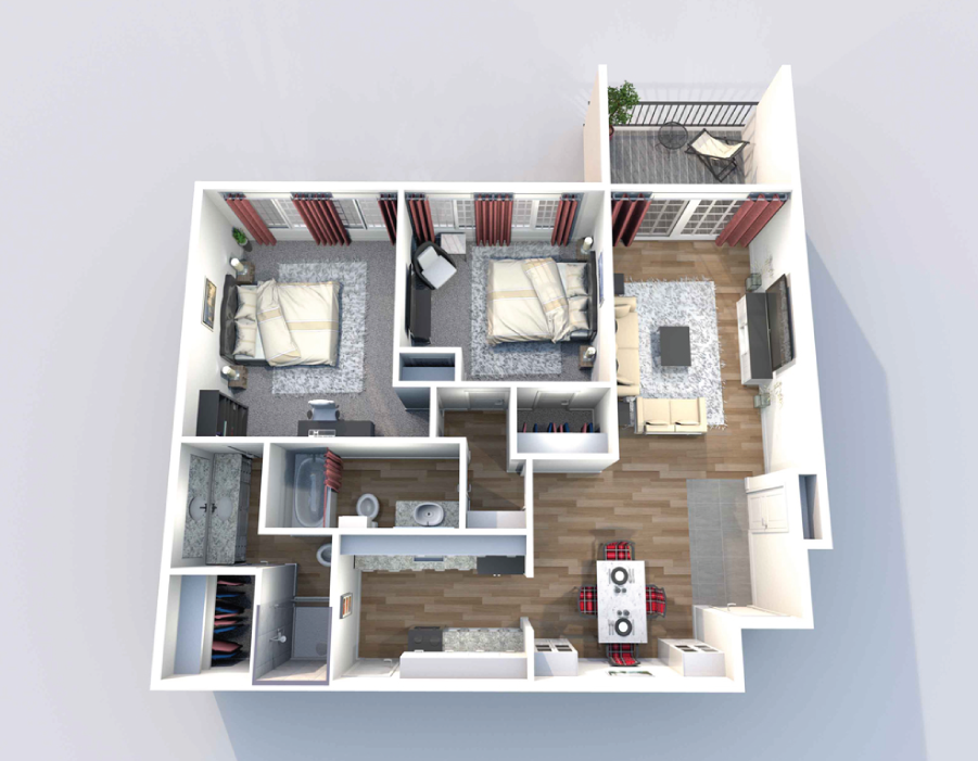 A 2D view of Heritage Lofts' F2 2-bedroom, 2-bathroom floor plan with 1250 square feet of space and a private balcony or patio.