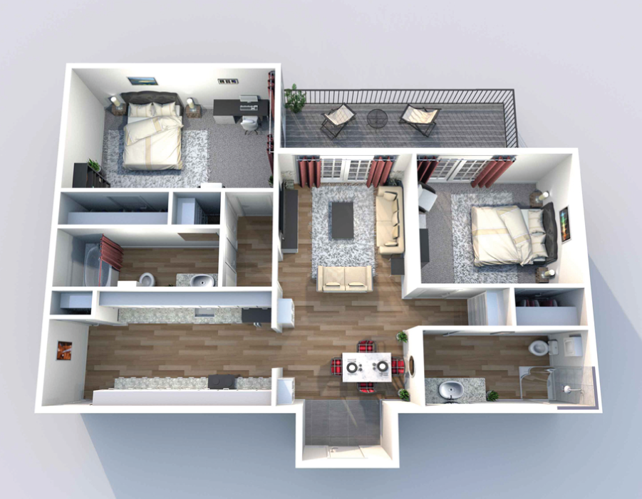 A 2D view of Heritage Lofts' G2 2-bedroom, 2-bathroom floor plan with 1,150 square feet of space and a private balcony or patio.