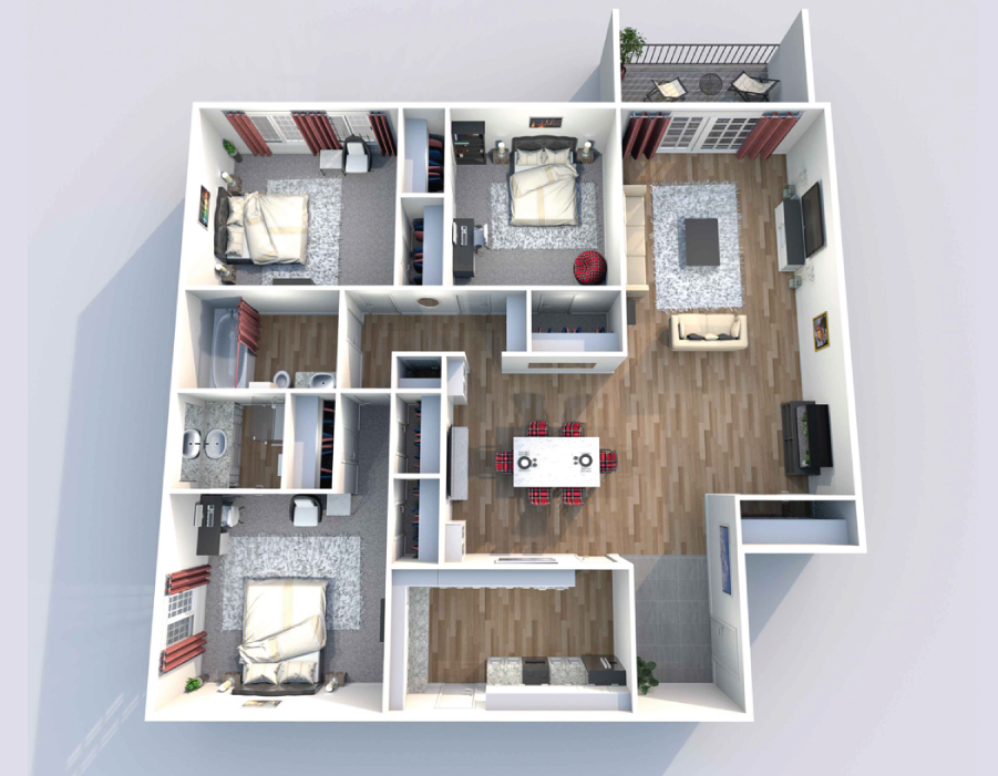 A 2D view of Heritage Lofts' Q3 3-bedroom, 2-bathroom floor plan with 1,450 square feet of space and a private balcony or patio.